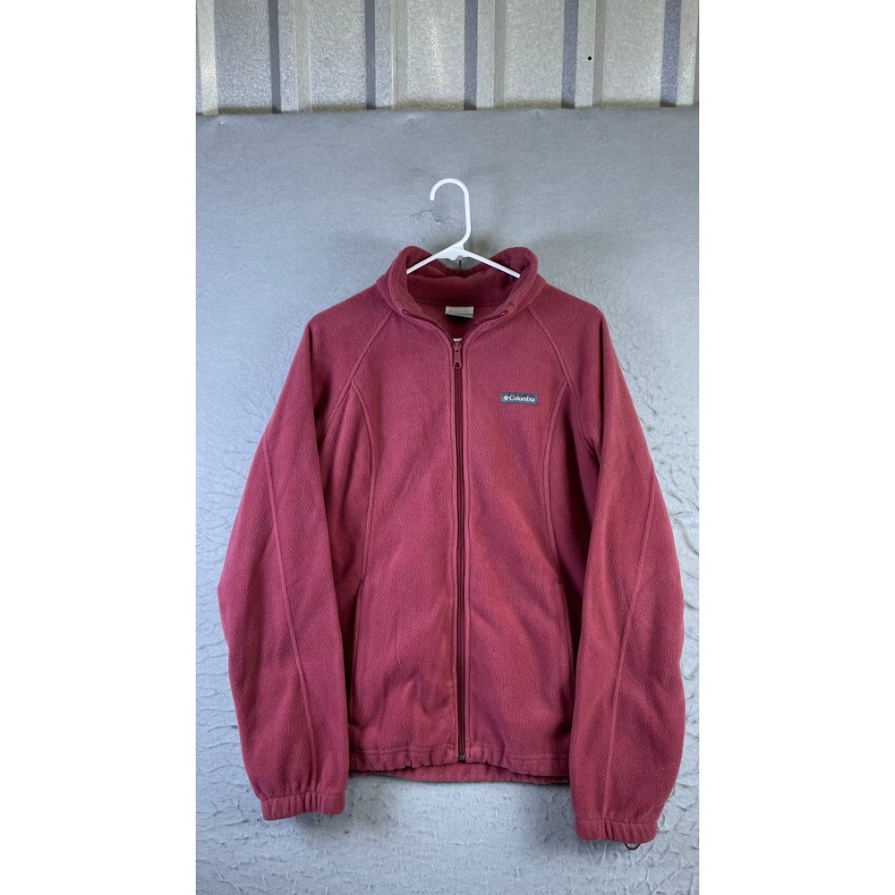 Columbia Fleece Jacket Mens L Pink Excellent Full Zip Mock Neck Raglan Soft